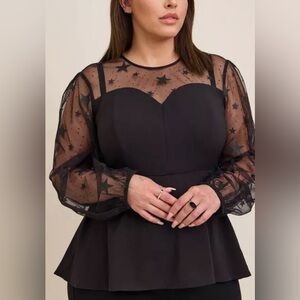 Torrid Black Peplum Stretch Woven Glitter Star Organza Top Size 00 Large NEW
